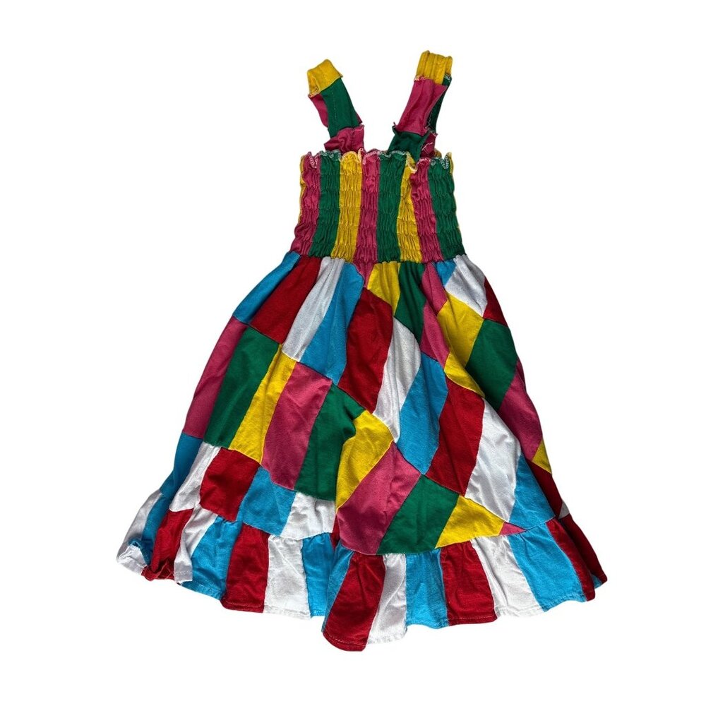 Vintage Kids Handmade Girl Dress Colorful Patchwork Sundress With Ruffled Hem Sm